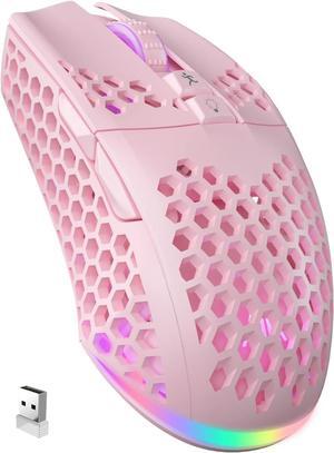 SM600 Pink Wireless Gaming Mouse Bluetooth with Honeycomb Shell, Side Buttons,Tri-Modes(BT5.1+BT5.1+2.4GHz) Lightweight RGB Wireless Mouse for PC/Tablet/Desktop/Office/Games