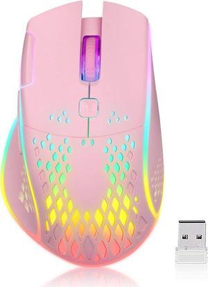 Wireless Gaming Mouse, C30 Silent Click Wireless Rechargeable Gaming Mouse with Double-Click Key and Colorful LED Lights, 3 Level Adjustable DPI, 400mah Lithium Battery for Gaming and Working Pink