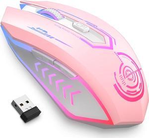Wireless Gaming Mouse Up to 10000 DPI, Rechargeable USB Wireless Mouse with 6 Buttons 7 Dynamic LED Color Ergonomic Programmable MMO RPG for PC Laptop, Compatible with Windows Mac Pink