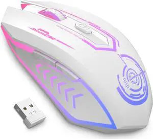 Wireless Gaming Mouse Up to 10000 DPI, Rechargeable USB Wireless Mouse with 6 Buttons 7 Dynamic LED Color Ergonomic Programmable MMO RPG for PC Laptop, Compatible with Windows Mac White