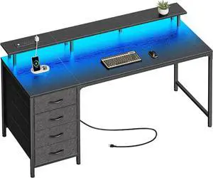 55" Computer Desk with Power Outlets and LED Lights, 55 Inches Gaming Desk with 4 Drawers, Office Desk with Monitor Stand, Study Desk Work Desk for Home Office, Small Spaces, Black
