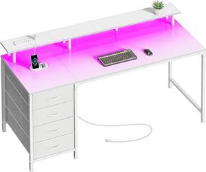 55" Computer Desk with Power Outlets and LED Lights, 55 Inches Gaming Desk with 4 Drawers, Office Desk with Monitor Stand, Study Desk Work Desk for Home Office, Small Spaces, White
