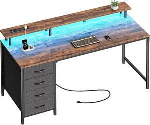 55" Computer Desk with Power Outlets and LED Lights, 55 Inches Gaming Desk with 4 Drawers, Office Desk with Monitor Stand, Study Desk Work Desk for Home Office, Small Spaces, Rustic Brown