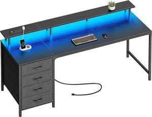 63" Computer Desk with Power Outlets and LED Lights, 63 Inches Gaming Desk with 4 Drawers, Office Desk with Monitor Stand, Study Desk Work Desk for Home Office, Small Spaces, Black