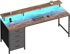 63" Computer Desk with Power Outlets and LED Lights, 63 Inches Gaming Desk with 4 Drawers, Office Desk with Monitor Stand, Study Desk Work Desk for Home Office, Small Spaces, Rustic Brown