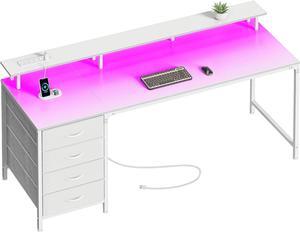 63" Computer Desk with Power Outlets and LED Lights, 63 Inches Gaming Desk with 4 Drawers, Office Desk with Monitor Stand, Study Desk Work Desk for Home Office, Small Spaces, White