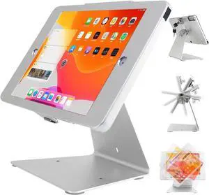 Desktop Anti-Theft Security Kiosk POS Stand Holder Enclosure for 10.2" 2021 iPad 9th Gen 2020 iPad 8th Gen 2019 iPad 7th Gen, Flip & 360° Swivel Design - White