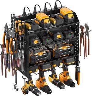 Modular Pegboard Rack Power Tool Organizer with Charging Station. 4 Layer Wall Mount Drill Holder, Mechanic Tool Battery Charger Organizer. Garage Shop Storage Utility Shelf with Power Strip.