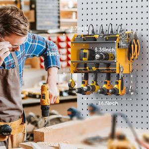 Modular Power Tool Organizer Wall Mount with Charging Station. Garage 4 Drill Storage Shelf with Hooks, Screwdriver, Drill Bit Heavy Duty Rack, Tool Battery Holder Built in 8 Outlet Power Strip.
