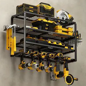 4 Layer Power Tool Organizer Wall Mount, Cordless Drill Hanger Storage Rack, Battery Tools Holder with Charging Station Shelf for Garage Organization, Workshop, Pegboard, Shed - 24 Inch 6 Slots