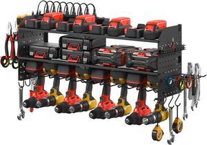 Large Pegboard Power Tool Organizer with Charging Station, 8 Drills Driver and Tools Battery Holder Wall Mount with 8 Outlet Power Strip, Black 3-Layer Shop Garage Storage Utility Rack