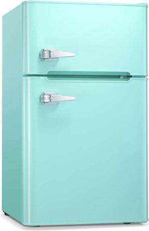 Compact Mini Refrigerator Separate Freezer, Small Fridge Double 2-Door Adjustable Removable Retro Stainless Steel Shelves Garage Camper Basement/Dorm/Office 3.2 cu ft. - Green