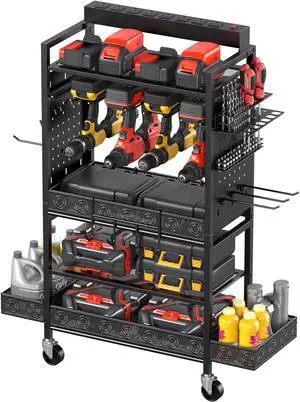 Garage Power Tools Organizer Cart with Charging Station, Black Floor Standing Rolling Drill and Tools Battery Storage Cart on Wheels. Utility Rack Gift for Men, Husband, Father