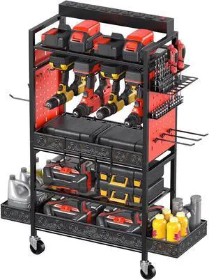 Garage Power Tools Organizer Cart with Charging Station, Black Floor Standing Rolling Drill and Tools Battery Storage Cart on Wheels. Utility Rack Gift for Men, Husband, Father Red