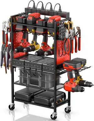 Power Tool Organizer Cart with Charging Station, Garage Floor Rolling Storage Cart on Wheels for Mechanic, Mobile 6 Drill, Tool Box Utility Cart with Battery Charging Power Strip, Red.