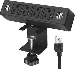 Desk Clamp Power Strip with 4 USB Port Removable Clamp Power Outlet Socket with USB 6.5 ft Extension Cord Connect 4 Plugs for Home Office Reading