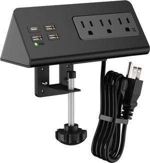 Desk Edge Clamp Mount Power Strips with 4 USB Ports(1xPD 20W USB-C Port)& 3 AC Outlets,1875 Joules Tabletop Surge Protector, Power Sockets for Office Table/Hotel Nightstands,ETL Listed (1-Pack, Black)