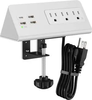 Desk Edge Clamp Mount Power Strips with 4 USB Ports(1xPD 20W USB-C Port)& 3 AC Outlets,1875 Joules Tabletop Surge Protector, Power Sockets for Office Table/Hotel Nightstands,ETL Listed (1-Pack,White)