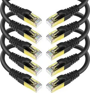 CAT8 Ethernet Cable 1 Feet (10 Pack),  Black Shielded SFTP Internet Network Patch Cord, Heavy Duty High Speed LAN Cables w Gold Plated RJ45 Connector Professional for Router, Modem, Gaming