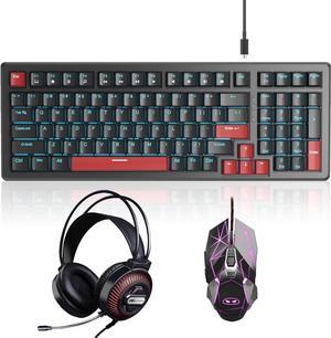 Wired Gaming Keyboard and Mouse Headset Combo, Blue Switch Mechanical Blue LED Backlit Keyboard, Over Ear Noise Cancelling Mic Headphone, for Laptop PC Computer Game and Work, Black