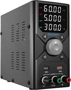 DC Power Supply Variable, 0-60V 0-5A Adjustable Switching DC Regulated Bench Power Supply with USB & Type-C Quick-Charge, Encoder Knob, 4-Digit LED Display, Preset Memory