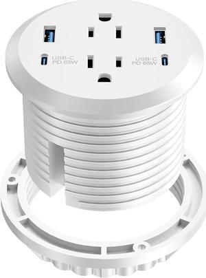 Desktop Power Grommet,GaN 65W USB C Fast Charging Port,2 AC Outlets,4 USB Ports in to The Top of Your Desk,Flush Mount Power Grommet 3-inch Hole,Countertop Outlet - White