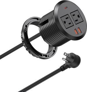30W USB C Desktop Power Grommet,Desk Hole Grommet 3inch,Furniture Desk Recessed Power Outlet,2 Outlets and USB C Fast Charging, Suitable for Side Table,Flat Plug,6ft Cable (Black)