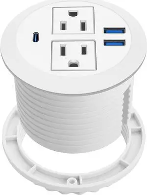 2-in-1 Desktop Power Grommet with USB-C Output, 125V, 12A, 2 AC Outlets, 3 USB Charging Ports, White