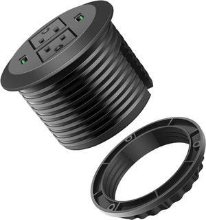3 inch Desk Power Grommet, USB Grommet with Green Port, Desk Hole Round Grommet Outlets with 2 AC Outlets and 2 USB Ports 6.5FT Heavy Duty Power Cord