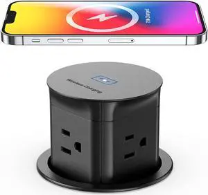 Pop Up Outlet with 15W Wireless Charger,4 Outlets 15A, Splash Resistant,3 inch Desk Hole Power Grommet,Space Saver Pop Up Power Outlet for Kitchen Countertop,Office Conference Table (Black)