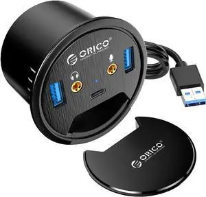 Desk Grommet USB 3.0 Hub with 2 Type-A 1 Type-C Port, Mic & Audio Jack, 4.9Ft Long Cord for Diameter 60mm Hole, Desktop Cable Organizer, Home Office PC Accessories