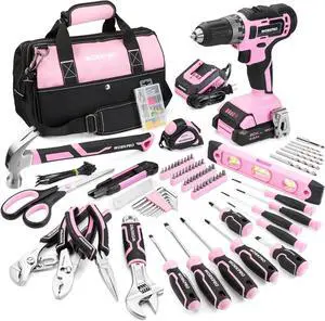 Pink Household Tool Kit with Drill, 157PCS Tool Set with 20V Cordless Lithium-ion Drill Driver, Home Tool Kit for All Purpose, Power Drill Sets with Pink Tool Bag - Pink Ribbon