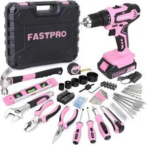 177-Piece 20V Pink Cordless Lithium-ion Drill Driver and Home Tool Set, Lady's Home Repairing Tool Kit with Drill in Tool Storage Case