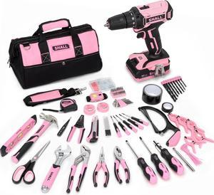 247Pcs 20V Cordless Drill Driver & Household Tool Kit for Women, Pink Electric Power Drill Screwdriver and Home Hand Tool Set with 14 Storage Tool Bag for DIY, Home Repair/Maintenance