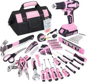 232-Piece 20V Pink Cordless Lithium-ion Drill Driver and Home Tool Set, Lady's Repairing Kit with 12-Inch Wide Mouth Open Storage Bag