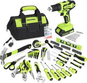 232-Piece 20V Cordless Lithium-ion Drill Driver and Home Tool Set, Household Repairing Tool Kit with Drill, 12-Inch Wide Mouth Open Storage Tool Bag, Green