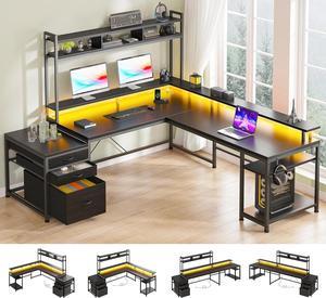 66" Gaming Desk with LED Large Reversible L Shaped Gaming Desk with Drawers & Storage Shelves Wide Gaming Computer Desk with Monitor Stand & Power Outlets Gaming Table for Home Office,Black