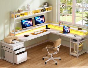 66" Gaming Desk with LED Large Reversible L Shaped Gaming Desk with Drawers & Storage Shelves Wide Gaming Computer Desk with Monitor Stand & Power Outlets Gaming Table for Home Office,White