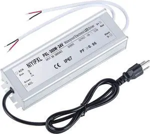 LED Driver 300 Watts(150W X2) 24V DC Transformer, Waterproof IP67 Power Supply, 24V DC Low Voltage Output Adapter with 3-Prong Plug 3.3 Feet Cable for LED Light, Computer Project, Outdoor Light