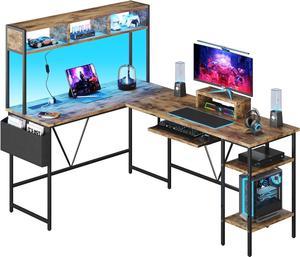 L Shaped Gaming Desk with LED Lights&Power Outlet, Reversible Corner Computer PC Desk Table with Storage Shelves, Keyboard Tray, Monitor Stand Home Office Gaming Working Studying (Rustic Brown)