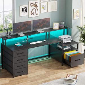 66'' Computer Desk with 5 Drawer, Power Outlet & Led Lights, 66'' Home Office Desk with File Drawer, Storage, Monitor Shelf, Gaming Desk, Black