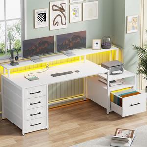 66'' Computer Desk with 5 Drawer, Power Outlet & Led Lights, 66'' Home Office Desk with File Drawer, Storage, Monitor Shelf, Gaming Desk, White