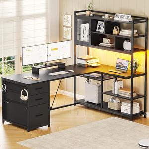 58'' L Shaped Computer Desk, 58in Office Desk with 3 Drawers and Bookshelf, L Shaped Corner Desk with Storage Shelves and LED Light for Home Office, Gaming Desk, L Desk, Black