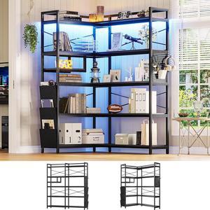 Corner Bookshelf, Convertible 5-Tier Bookshelves with Storage or 63" W Bookcase, Tall Bookshelf with Pegboard, Storage Bag & LED Light for Bedroom, Black