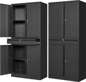 Metal Garage Storage Cabinet with Drawer,4 Door Tool Cabinet with Lock-2 Adjustable Shelves for Garage Home Office Utility Room (Black)