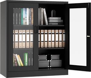Storage Cabinet,36" Steel Locker, Lockable Glass Door,2 Adjustable Shelf Organizer Pantry for Office File,Home (36"-Black)
