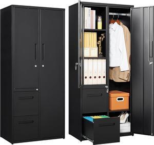 Metal Storage Cabinets with Drawers, Staff Locker with Lock Door and Shelves-Wardrobe Clothing/File/Tool Storage for Office, Home, School, Employee,Gym,Fire Department,Garage (Black)