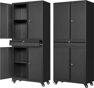 Metal Garage Storage Cabinet with Wheels,72 Rolling Tool Cabinet with 4 Door Lock-Adjustable Shelves and Drawer for Garage Home Office Utility Room