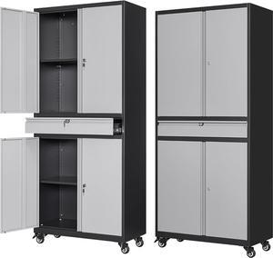 Metal Garage Storage Cabinet with Wheels,72 Rolling Tool Cabinet with 4 Door Lock-Adjustable Shelves and Drawer for Garage Home Office Utility Room (Black&Gray with Wheels)