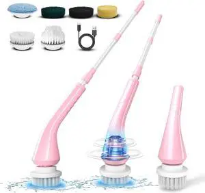 Electric Spin Scrubber,  Cleaning Brush with 6 Replaceable Brush Heads, 2H Power Dual Speed and Adjustable Extension Handle, Electric Cleaning Scrubber for Bathroom/Kitchen/Tile/Floor (Pink)